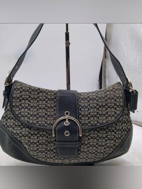 Coach Vintage Soho Black Signature Canvas Shoulder Bag with Silver Hardware